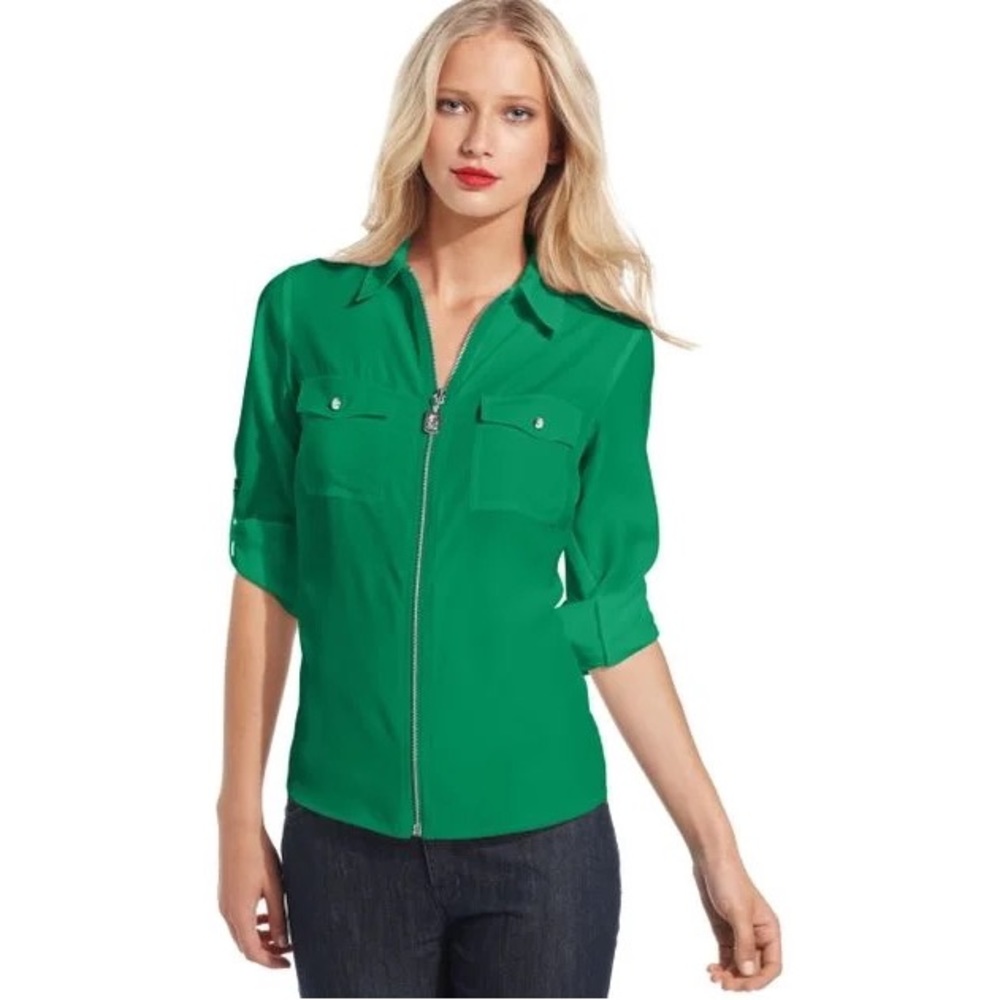 Michael Kors Front Zip Long Sleeve Collar Shirt Green Gold